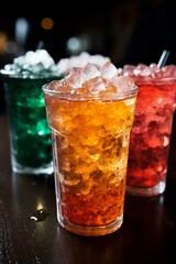 Three glasses of colorful cocktail with ice