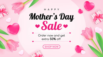 Happy Mother's Day Sale banner vector illustration. Beautiful Tulip flowers, hearts and gift boxes