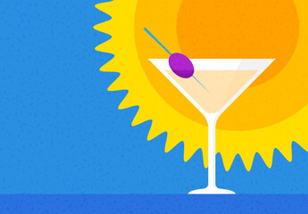 Abstract minimal summer poster, cover, card set with nature landscape, sun, plane in the clouds, yacht in the sea, fields and typography design.