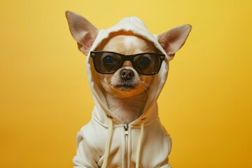 chihuahua dog in hoodie and sunglasses on yellow background