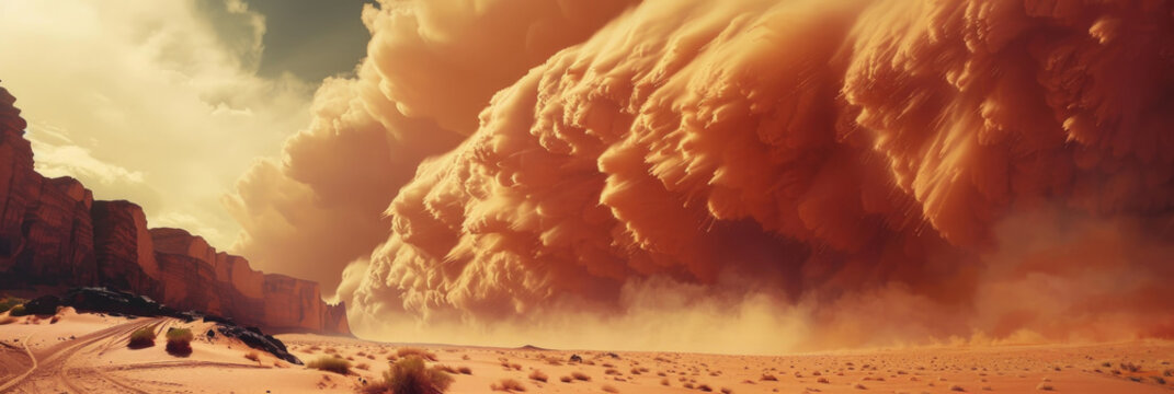 A vast desert landscape with a towering cloud of dust spreading across the horizon, obfuscating the view of the surroundings