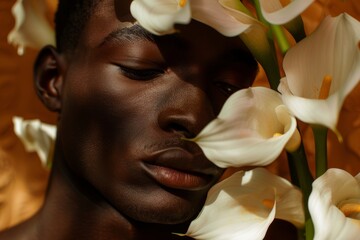 black guy male model posing with calla lily flower fashion editorial photo style