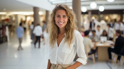 Portrait of a young woman with long blond hair and blue eyes smiling in a shopping mall - Powered by Adobe