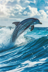 Fototapeta premium Two dolphins are leaping high out of the ocean, their sleek bodies glistening in the sunlight as they perform this acrobatic display