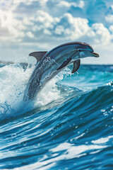 Two dolphins are leaping high out of the ocean, their sleek bodies glistening in the sunlight as they perform this acrobatic display