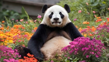 A Giant Panda Lounging In A Bed Of Colorful Flower