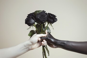 black and white hands holding bouquet of black roses  flowers. Interracial couple. Romantic love and dating. 