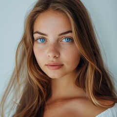 Naklejka premium A close-up of a young woman with blue eyes and freckled hair