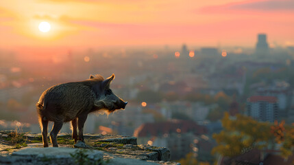 Wild Boar Looking at a City Representing Nature and Urbanization, Conceptual Illustration of Wildlife in Urban Environment, Animal Observation of Modern Civilization, Generative AI

