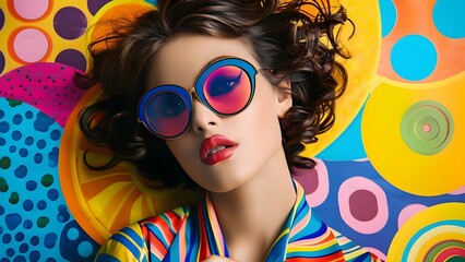 Pop Art Collage: Female Model in Sunglasses on Vibrant Patterns. Concept Fashion Photography, Pop...