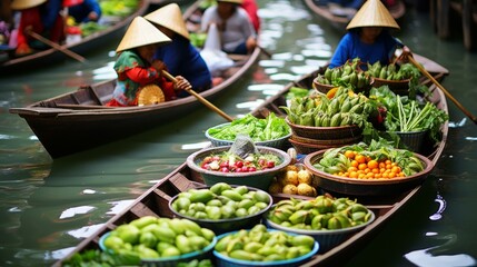 Southeast Asian women selling fresh produce from their boats in a floating market