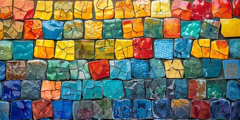 Colorful ceramic mosaic wall tiles in a random pattern