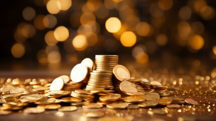 A pile of gold coins on a wooden table with a blurred background of golden lights