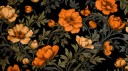 Digital orange flowers print pattern abstract graphic poster background