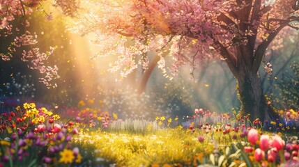   A scene of a flower field with a tree in the foreground and sunbeams behind