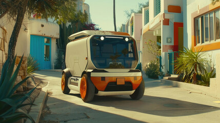 An orange and white vehicle is driving down a street on a sunny day - Powered by Adobe