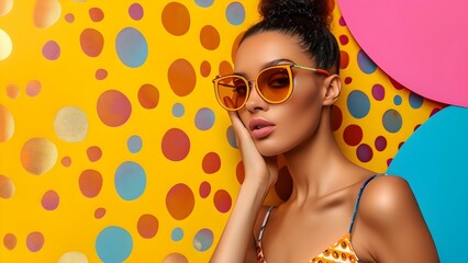 Fashion pop art featuring female model in sunglasses on vibrant patterns. Concept Fashion Pop Art,...