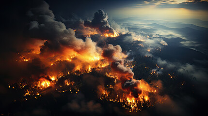 An aerial perspective of a raging fire ablaze in the sky, showcasing flames and billowing smoke