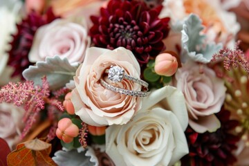 Fototapeta premium engagement ring closeup on wedding bridal bouquet of beige peach color roses and burgundy flowers. Autumn color palette floral design.