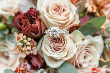 engagement ring closeup on wedding bridal bouquet of beige peach color roses and burgundy flowers. Autumn color palette floral design.