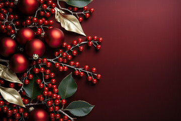 A branch featuring vibrant red berries and green leaves set against a bold red background, creating a striking contrast in colors