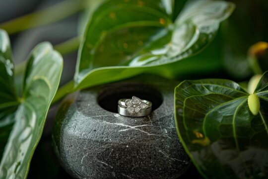 engagement ring closeup on the green anthurium flower. Lab grown eco sustainable diamonds.