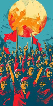 People of all ethnicities are holding red flags and marching towards the bright red sun