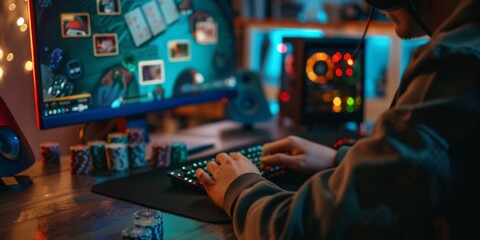 Young male gamer playing online poker on his computer in the evening
