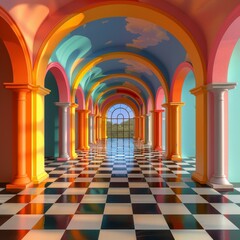 Surreal colorful hallway with blue sky and clouds