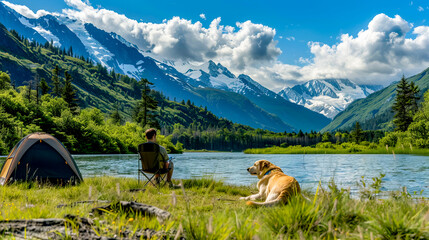 Man sitting in chair next to dog on grass covered field.