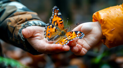 Hand holding butterfly in it's palm with orange flowers in the background.