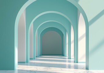 Bright teal blue arched hallway