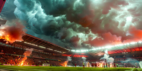 Group of people standing on top of soccer field under cloudy sky.