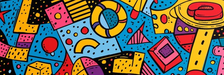 A front cover for a colouring book for toddlers called Shape and Pattern Playground, full of different shapes with various patterns within the shapes