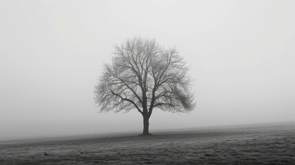 Single tree in the middle of a grass field on a foggy day