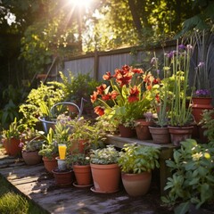 A beautiful garden with a variety of flowers and plants in pots on a wooden deck
