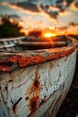 An old wooden boat at sunset