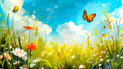 Painting of butterfly flying over field of flowers and daisies.