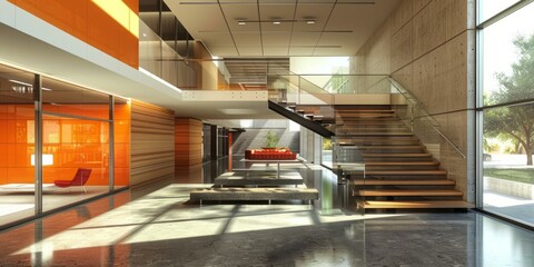 Obraz premium Office interior with modern glass staircase and orange accents