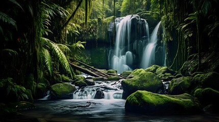 Panorama of a beautiful waterfall in the rainforest of Bali