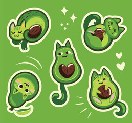 Cute cartoon stickers with avocatos on green