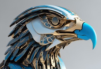 AI generated closeup illustration of a metallic cyber eagle on the gray background