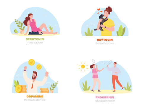 Mood hormones. Happy emotion chemicals hormone, dopamine endorphin serotonin oxytocin relieved pain, brain reward change mental physiology reaction psychology vector illustration