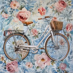 A painting watercolor of a vintage bicycle against a floral backdrop, evoking nostalgia isolated with a white background