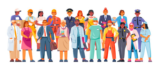 Group different professions. Professional workers various occupations, people in work uniform mixing profession careers, servant job characters labor day recent vector illustration