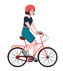 Woman rides bicycle. Female person in doodle style.
