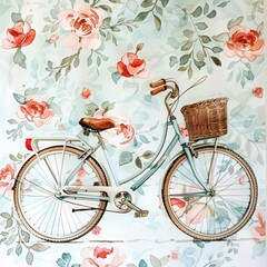 A painting watercolor of a vintage bicycle against a floral backdrop, evoking nostalgia isolated with a white background
