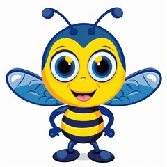   A yellow and blue bee cartoon, featuring large eyes and a smiling face, stands before a pristine white backdrop