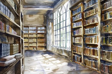 A painting watercolor of a quiet library filled with ancient books, a sanctuary of knowledge isolated minimal with white background