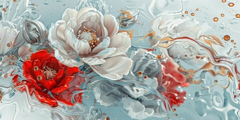 floral pattern design, painted flowers in white and red